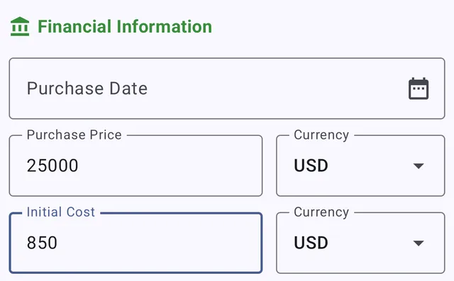 The vehicle's Financial Information section, with separate Purchase Price and Initial Cost fields