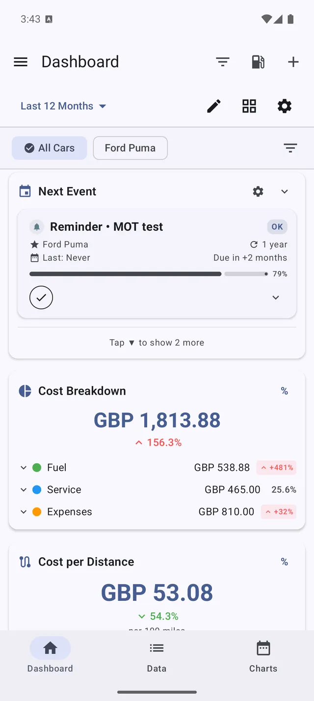 My Cars Dashboard mit Zeitraumauswahl, Fahrzeugfilter und Kostenkarten