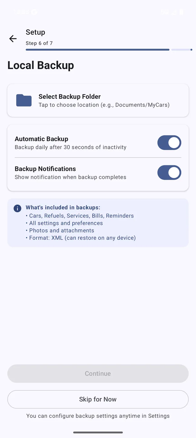 The Backup & Restore screen
