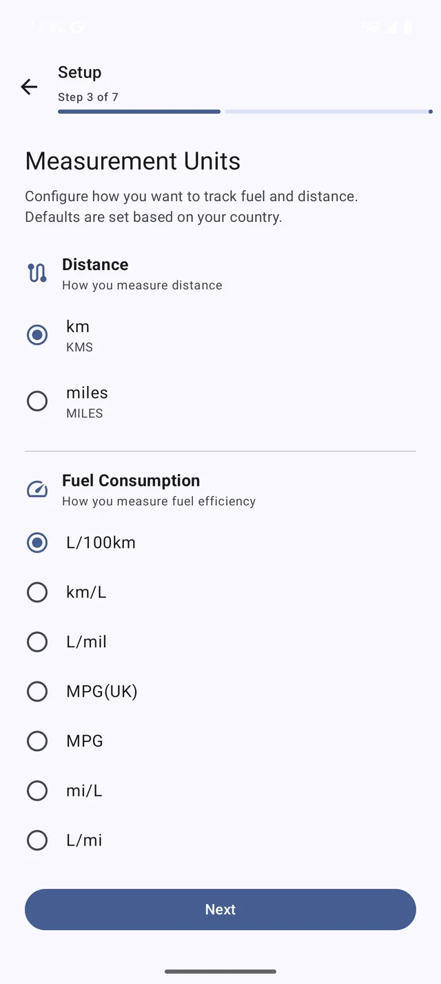 The Units settings screen