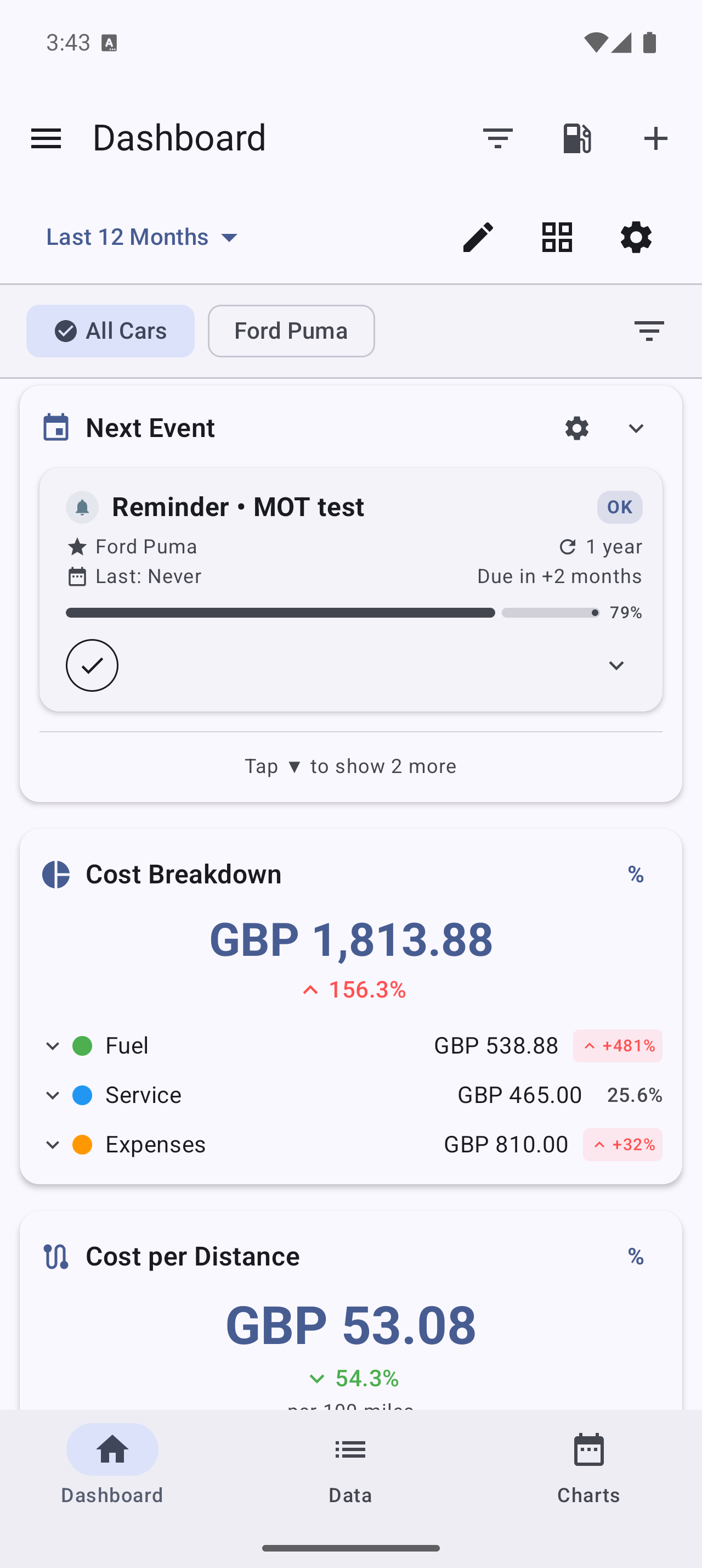 My Cars Dashboard showing the period selector, vehicle filter and cost cards