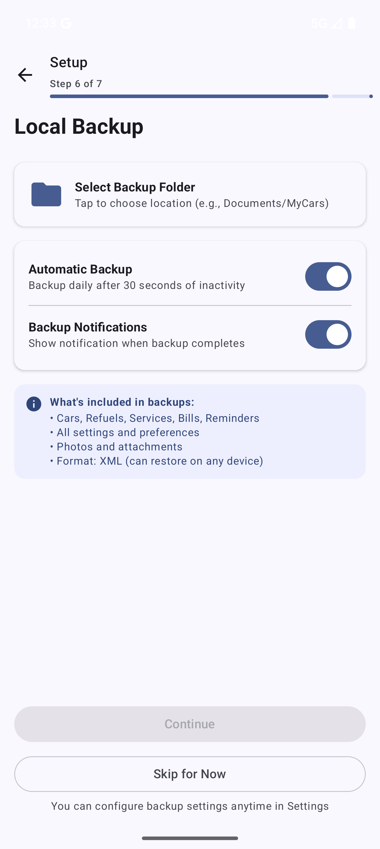Local backup screen